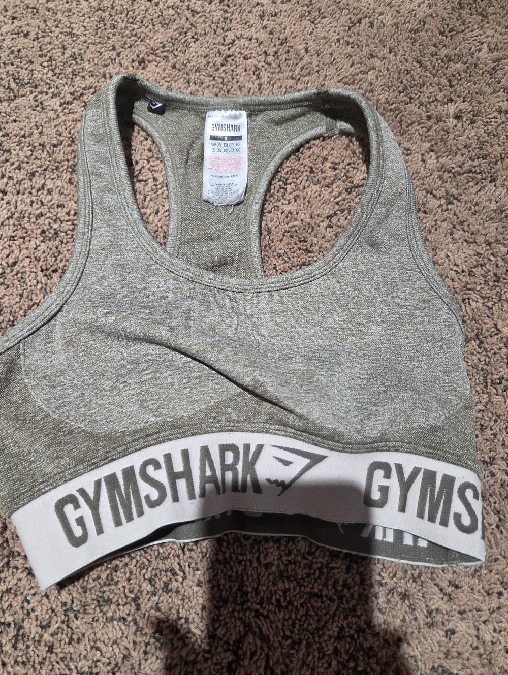 Gymshark Olive Heather Racerback Sports Bra with White Logo Band